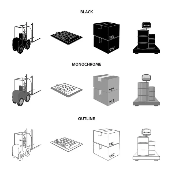 Chariot élévateur, bordereaux de livraison, marchandises emballées, cargaison sur balances. Ensemble logistique et livraison icônes collection en noir, monochrome, contour style isométrique vectoriel symbole illustration web . — Image vectorielle