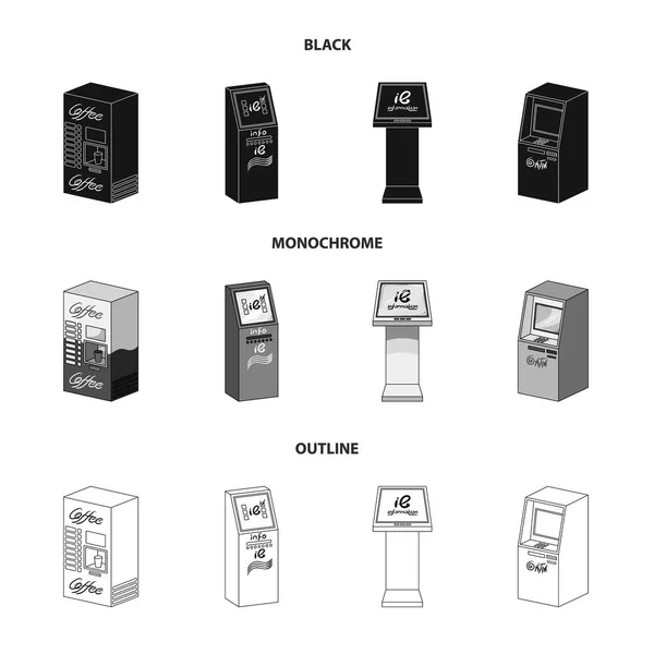 Cafetera, cajero automático, terminal de información. Terminals set collection icons in black, monochrome, outline style isometric vector symbol stock illustration web  . — Vector de stock