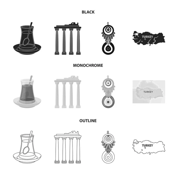 Tè turco, amuleto, rovine dell'antichità, mappa del territorio. Turchia set raccolta icone in nero, monocromatico, contorno stile vettore simbolo stock illustrazione web . — Vettoriale Stock
