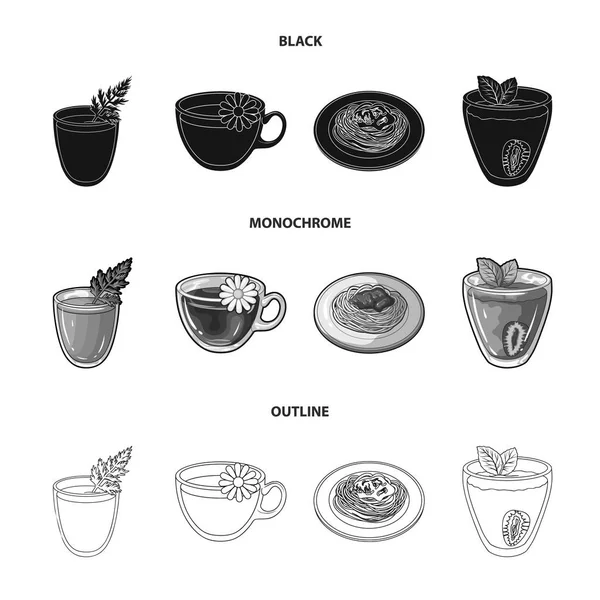 Sok z marchwi w szkle, rumianku w kubku, owsianka na talerz, truskawka sok do szklanki z liściem. Dania wegetariańskie zestaw kolekcji ikon w czarny, czarno-biały, zarys styl symbol wektor — Wektor stockowy
