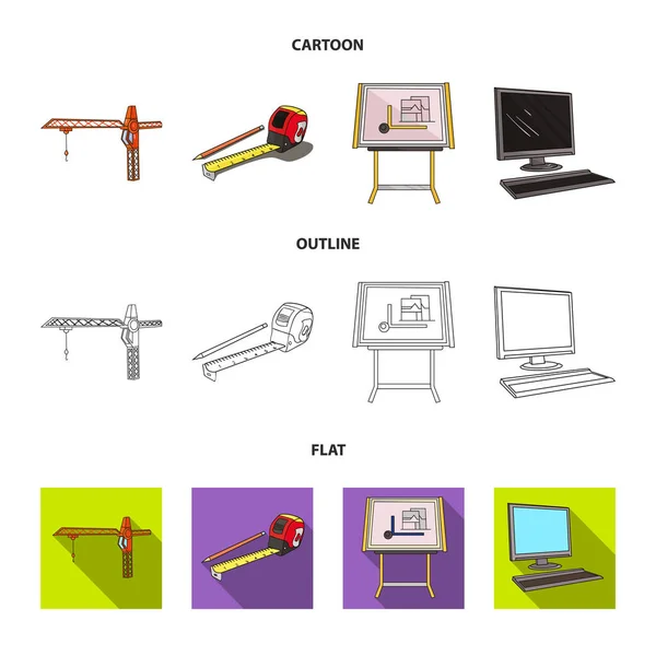 Construction crane, measuring tape measure, drawing board, computer. Architecture set collection icons in cartoon,outline,flat style vector symbol stock illustration web. — Stock Vector