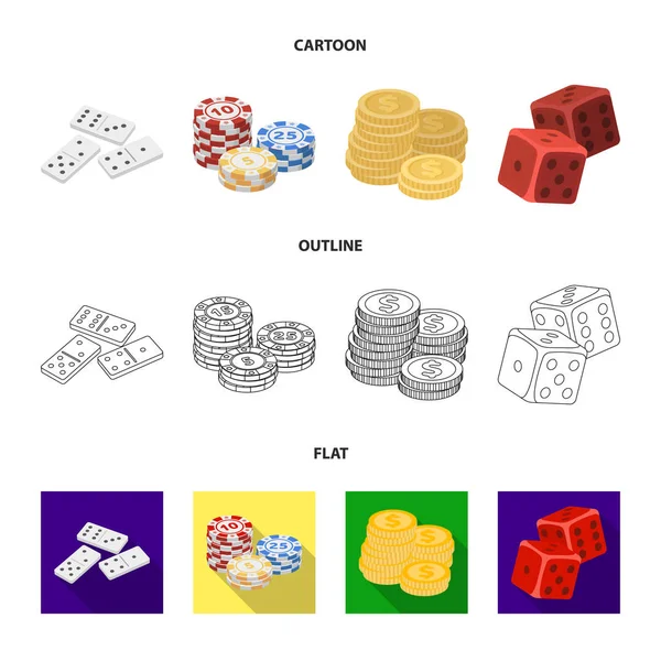 多米诺骨头, 一堆薯条, 一堆山, 玩积木。赌场和赌博集合图标在卡通, 轮廓, 平面风格矢量符号股票插画网站. — 图库矢量图片
