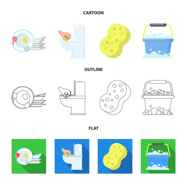 Limpeza e empregada desenhos animados, contorno, ícones planos na coleção de conjuntos para design. Equipamento para limpeza de símbolos vetoriais ilustração web . —  Vetores de Stock