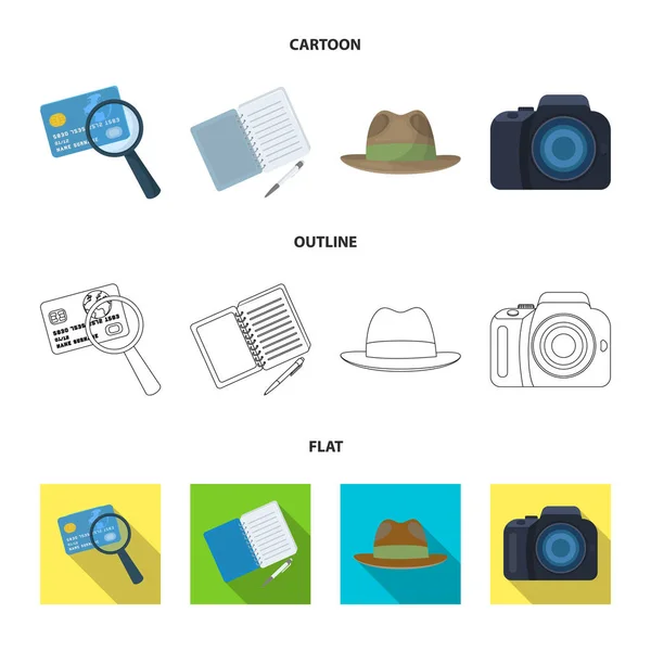 Cámara, lupa, sombrero, cuaderno con íconos de colección set pen.Detective en dibujos animados, contorno, vector de estilo plano símbolo stock illustration web . — Archivo Imágenes Vectoriales