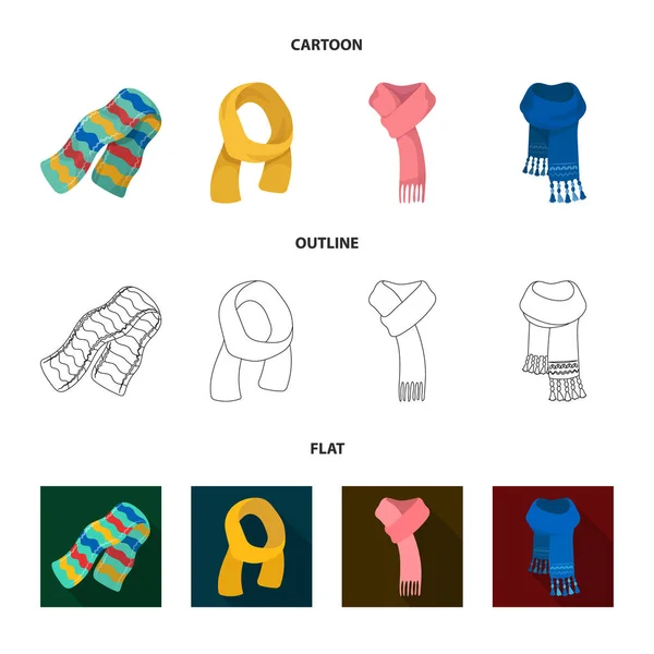 Varios tipos de bufandas, bufandas y chales. Bufandas y chales conjunto de iconos de la colección en dibujos animados, contorno, plano estilo vector símbolo stock ilustración web . — Vector de stock