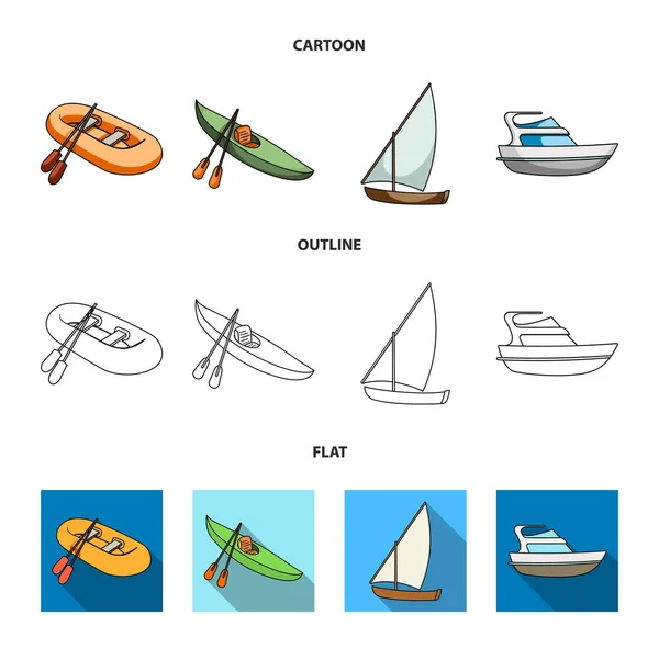 Un bateau de pêche en caoutchouc, un kayak avec des rames, une goélette de pêche, un yacht à moteur.Les navires et le transport nautique mettent des icônes de collection dans la bande dessinée, contour, style plat symbole vectoriel illustration de stock web . — Image vectorielle