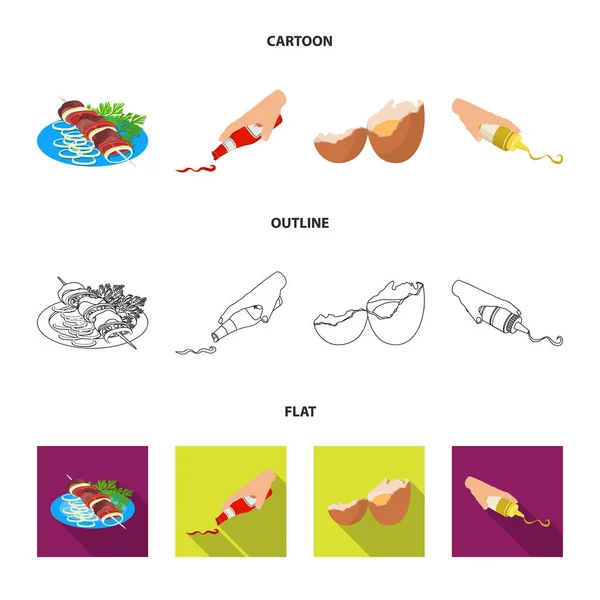 Σουβλάκι με λαχανικά, κέτσαπ και μουστάρδα, καρύκευμα για τα τρόφιμα, σπασμένο αυγό. Κουζίνας και τροφίμων συλλογή εικόνες που σε καρτουν, περίγραμμα, επίπεδη στυλ διάνυσμα σύμβολο μετοχής εικονογράφηση web. — Διανυσματικό Αρχείο