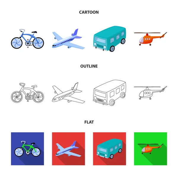 Vélos, avions, bus, hélicoptères. Transport set collection icônes en dessin animé, contour, plat style vectoriel symbole illustration web . — Image vectorielle