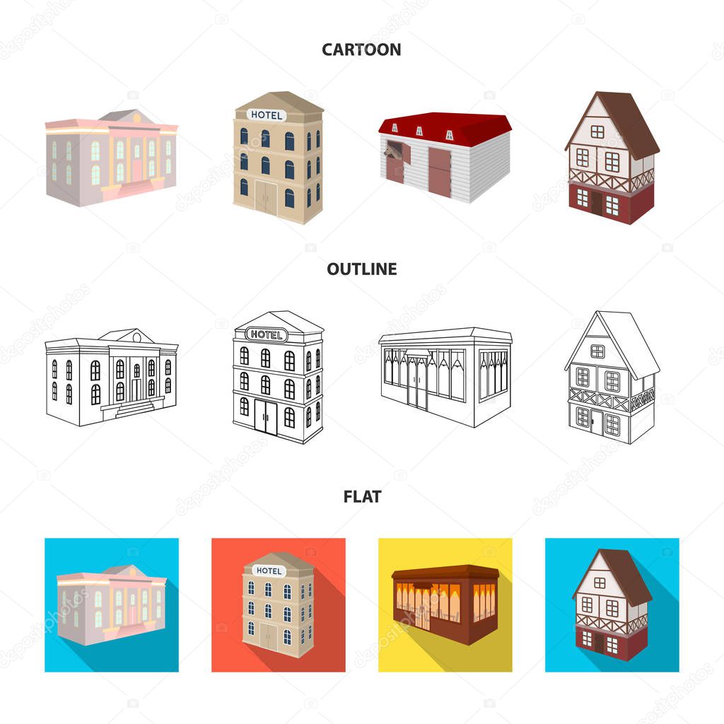 The museum building, a three-story hotel, a stable at the racecourse, a residential cottage. Architectural and building set collection icons in cartoon,outline,flat style vector symbol stock