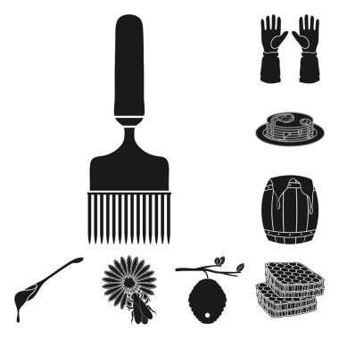 Arı kovanı ve arıcılık set koleksiyonu tasarım için simgeler siyah. Ekipman ve bal üretim sembol stok web illüstrasyon vektör.