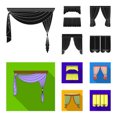 Pencere perdeleri farklı türleri. Perdeleri toplama simgeler siyah, düz stil vektör simge stok çizim web içinde ayarla..