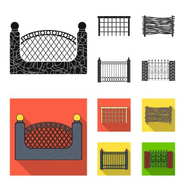Metal ve tuğla, ahşap çit çit. Farklı bir çit toplama simgeler siyah, düz stil vektör simge stok çizim web içinde ayarla..