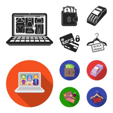 Çanta, para, touch, askı ve diğer ekipmanlar. E ticaret toplama simgeler siyah, düz stil vektör simge stok çizim web içinde ayarla..