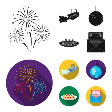 Duman, twirling bir tatil top, sandviç bir tabak, bir tebrik kartı olan bir zarf ile bir video kamera. Etkinlik Hizmetleri toplama simgeler siyah, düz stil vektör simge stok şekilde ayarla.