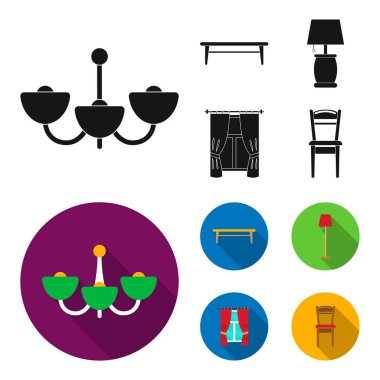 Bir sehpa, bir lamba, perdeler, bir sandalye. Mobilya toplama simgeler siyah, düz stil vektör simge stok çizim web içinde ayarla..