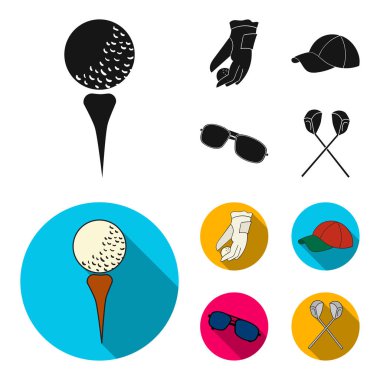 Bir top, kırmızı şapka, güneş gözlüğü, iki kulüp ile golf oynamak için bir eldiven. Golf Club toplama simgeler siyah, düz stil vektör simge stok çizim web içinde ayarla..