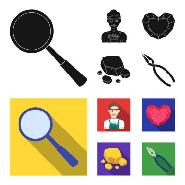 Kuyumcu, pense, altın cevheri, kalp şeklinde lal. Değerli mineraller ve kuyumcu toplama simgeler siyah, düz stil vektör simge stok çizim web ayarla.