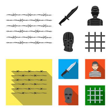 Bıçak, mahkum, yüz, çelik Panjur maske. Hapishane toplama simgeler siyah, düz stil vektör simge stok çizim web içinde ayarla..