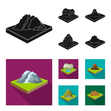 Dağlar, kayalar ve peyzaj. Yardım ve dağlar toplama simgeler siyah, düz stil izometrik vektör simge stok çizim web ayarla.