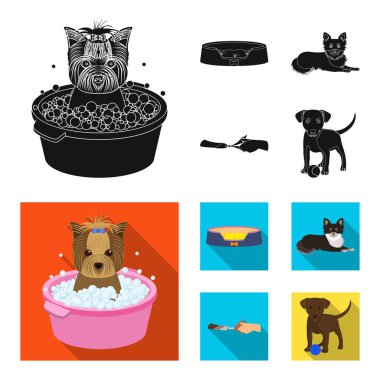 Tembel bir evcil hayvan, pençeleri Veteriner Kliniği, kırpma, köpek yalan, bir top ile köpek yavrusu için. Veteriner Kliniği ve evde beslenen hayvan, köpek bakım toplama simgeler siyah, düz stil vektör simge stok çizim web içinde ayarlayın..
