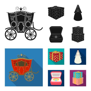 Düğün ve öznitelikleri çizgi film, düz, anahat, siyah simgeler set koleksiyonu tasarım için. Sembol stok web illüstrasyon vektör yeni evliler ve aksesuarları.