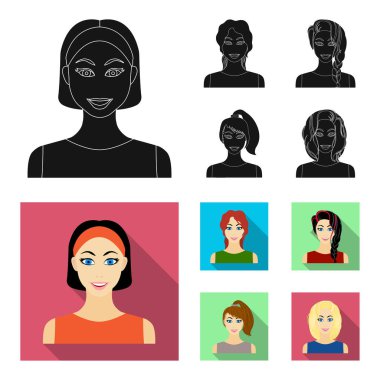 Set koleksiyonu tasarım için kadın saç modelleri siyah, düz simgeler türleri. Bir kadın vektör simge stok web illüstrasyon görünümünü.