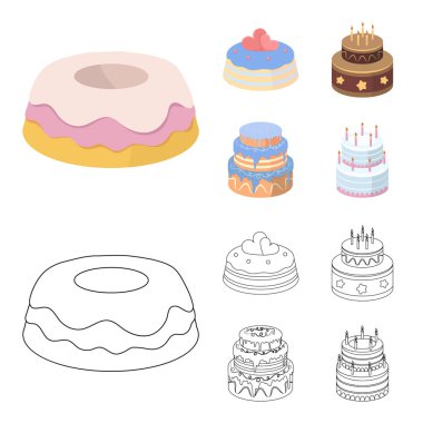 Tatlım, tatlı, krema, şeker pekmezi. Kek ülke toplama simgeler çizgi film, anahat stili vektör simge stok çizim web ayarla..