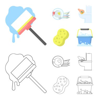 Temizlik ve hizmetçi çizgi film, set koleksiyonu tasarım için anahat simgeleri. Vektör simge stok illüstrasyon Temizleme için donatım.