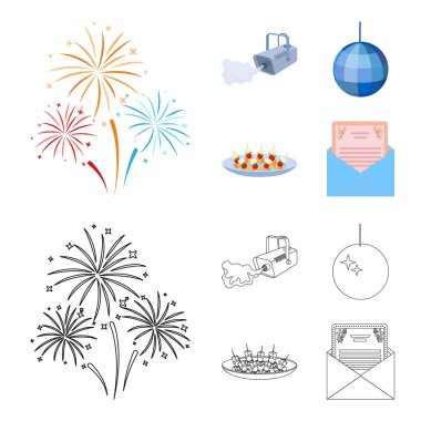 Duman, twirling bir tatil top, sandviç bir tabak, bir tebrik kartı olan bir zarf ile bir video kamera. Etkinlik Hizmetleri toplama simgeler çizgi film, anahat stili vektör simge stok ayarla.