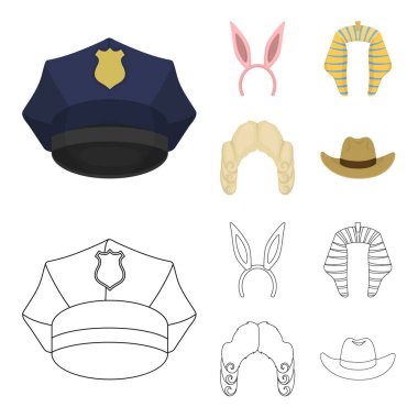Tavşan kulağı, Yargıç peruk, kovboy. Şapka toplama simgeler çizgi film, anahat stili vektör simge stok çizim web ayarla..
