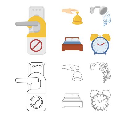 Resepsiyon, çalar saat, yatak, duş, arayın. Otel çizgi film, anahat stili vektör simge stok çizim web simgeler ayarla.