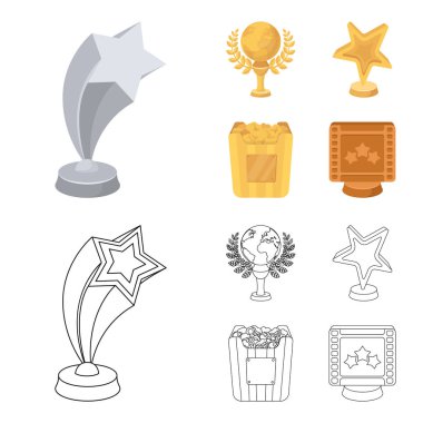 Bir yıldız, bir altın küre ve diğer ödüller şeklinde bir altın ödülü. Film Ödülleri toplama simgeler çizgi film, anahat stili vektör simge stok çizim web ayarla..