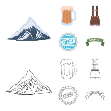 Şort pantolon askısı, bir bardak bira, bir işaret, bir amblem. Oktoberfest toplama simgeler çizgi film, anahat stili vektör simge stok çizim web ayarla..