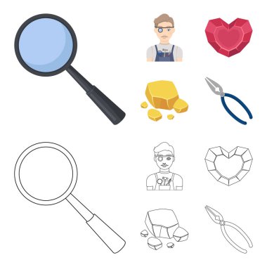 Kuyumcu, pense, altın cevheri, kalp şeklinde lal. Değerli mineraller ve kuyumcu toplama simgeler çizgi film, anahat stili vektör simge stok illüstrasyon ayarla .