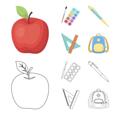 Çok renkli boyalar bir Püskül, kalem, üçgen ve cetvel, el çantası, evrak çantası ile. Okul ve eğitim çizgi film, anahat stili vektör simge stok çizim web simgeler ayarla.