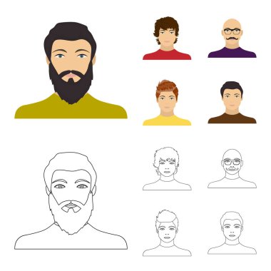 Genç bir adam, onun gözlük bıyıklı kel bir adamın yüzünü görünümü. Yüz ve görünüm çizgi film, anahat stili vektör simge stok çizim web simgeler ayarla.