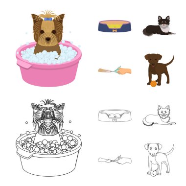 Tembel bir evcil hayvan, pençeleri veteriner Kliniği, kırpma, köpek yalan, bir top ile köpek yavrusu için. Köpek bakım veteriner Kliniği ve evde beslenen hayvan, çizgi film, anahat stili vektör simge stok çizim web simgeler ayarla.