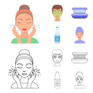 Yüz maskesi, Solaryum, şişe ts lasenom, yüzünde sivilce. Cilt Bakımı toplama simgeler çizgi film, anahat stili vektör simge stok çizim web ayarla..