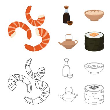 Soya sosu, erişte, kettle.rolls.Sushi çizgi film, anahat stili vektör simge stok çizim web simgeler ayarla.