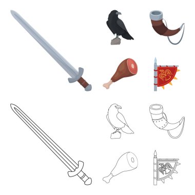 Karga, boynuz içki, jambon, zafer bayrak ile oturuyor. Vikingler çizgi film, anahat stili vektör simge stok çizim web simgeler ayarla.