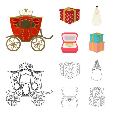 Düğün ve öznitelikleri çizgi film, düz, anahat, siyah simgeler set koleksiyonu tasarım için. Sembol stok web illüstrasyon vektör yeni evliler ve aksesuarları.