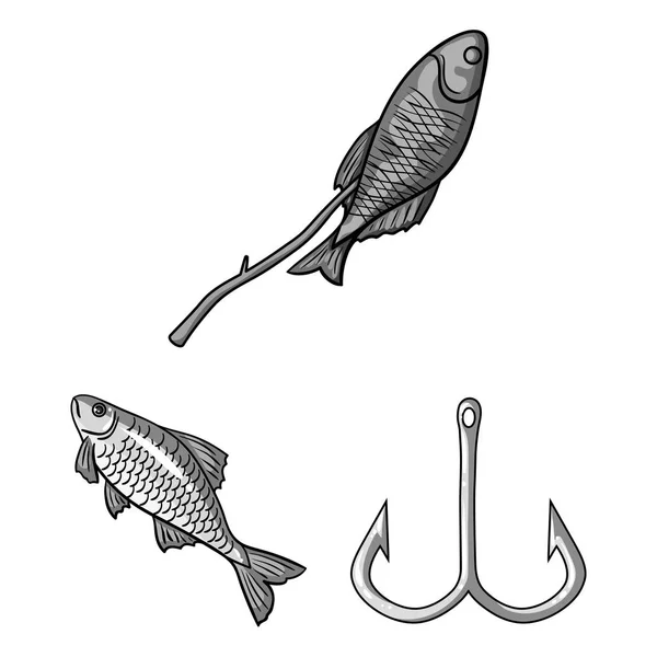 捕鱼和休息的单色图标集的设计。钓鱼矢量符号库的解决方法 web 插图. — 图库矢量图片