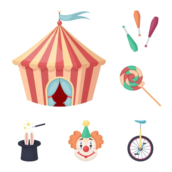 Cirkusz és attribútumok rajzfilm ikonok beállítása gyűjtemény a design. Cirkusz művészet vektor szimbólum állomány honlap illusztráció. — Stock Vector