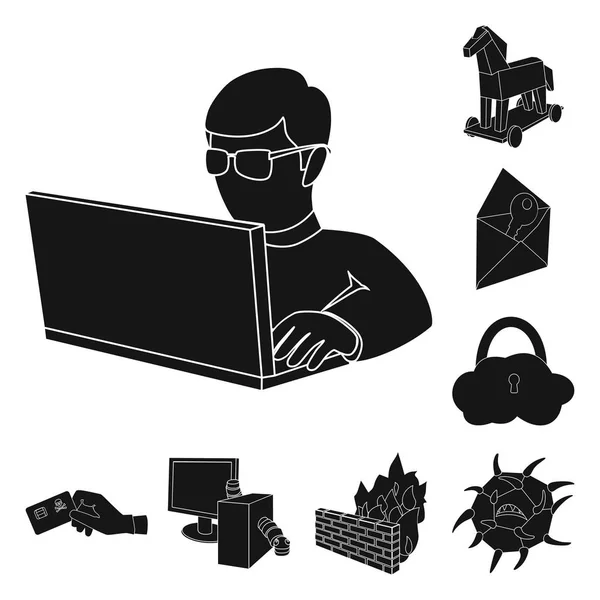 Hacker och hacking svart ikoner i set insamling för design. Hacker och utrustning vektor symbol lager web illustration. — Stock vektor