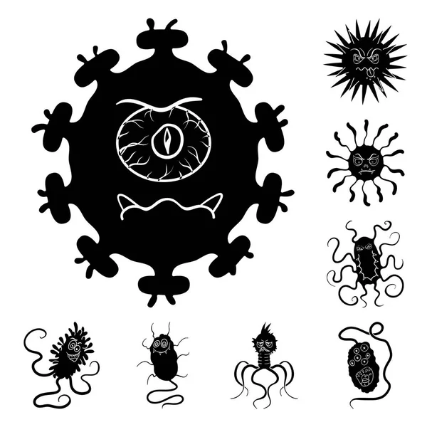 Tipos de microbios divertidos iconos negros en la colección de conjuntos para el diseño. Microbios patógenos vector símbolo stock web ilustración . — Archivo Imágenes Vectoriales