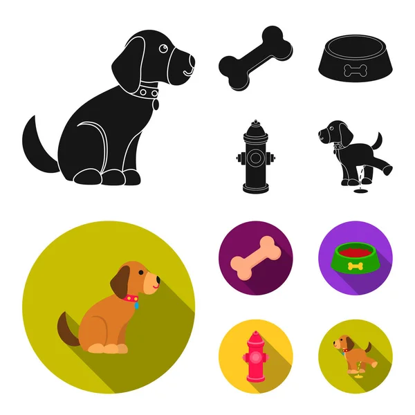 Um osso, um hidrante de fogo, uma tigela de comida, um cão mijador.Cão conjunto coleção ícones em preto, estilo plano símbolo vetorial estoque ilustração web . — Vetor de Stock