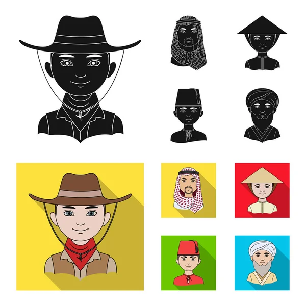 Árabe, turco, vietnamita, asiático médio. Coleção de conjuntos de raças humanas ícones em preto, estilo plano símbolo vetorial ilustração web . —  Vetores de Stock