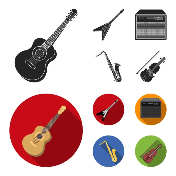 Electric guitar, loudspeaker, saxophone, violin.Music instruments set collection icons in black,flat style vector symbol stock illustration web. — Stock Vector