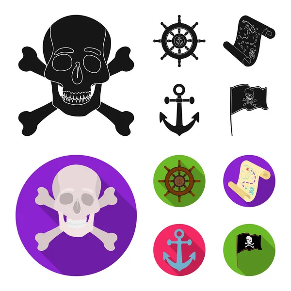Pirata, bandido, timón, bandera .Pirates conjunto de iconos de la colección en negro, plano estilo vector símbolo stock ilustración web . — Vector de stock