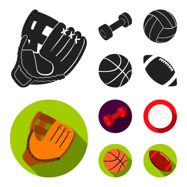 Blue dumbbell, bola sepak putih, basket, bola rugby. Sport set ikon koleksi dalam gaya hitam, datar vektor simbol saham gambar web . - Stok Vektor